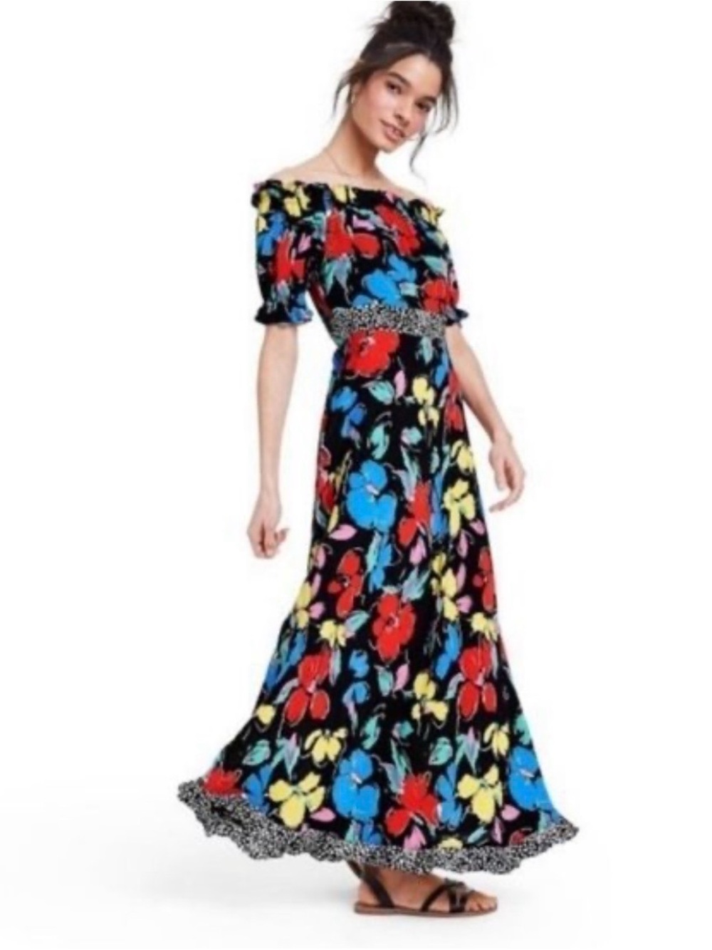 RIXO Black Floral Off-the-Shoulder Maxi Dress with Red, Blue, Yellow Accents
